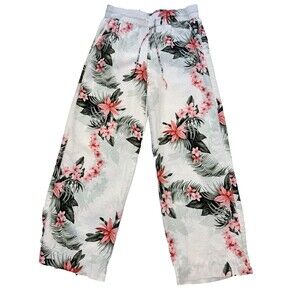 Tommy Bahama Womens Linen Pants Medium Ivory Tropical Floral Palm Print Pull On